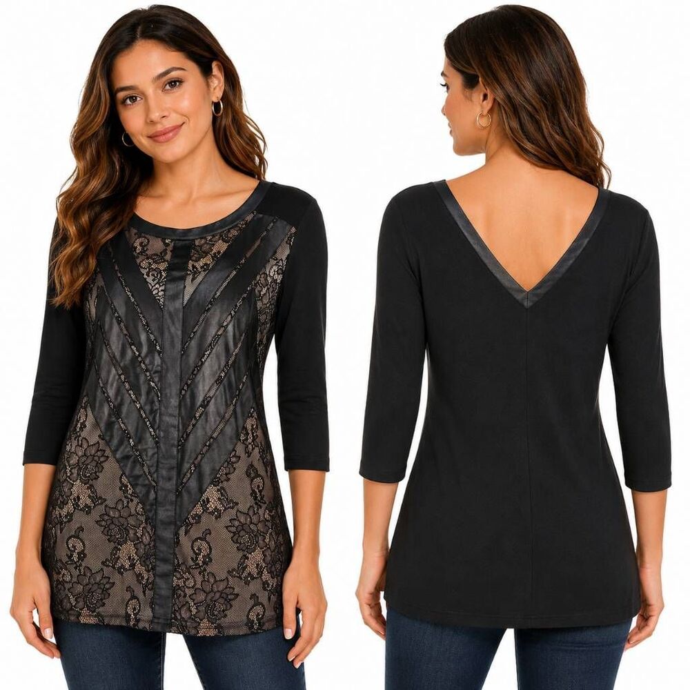 BKE Boutique Black Lace Illusion Tunic Top Medium Sheer Accent